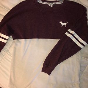 Pink long sleeve. Burgundy and cream